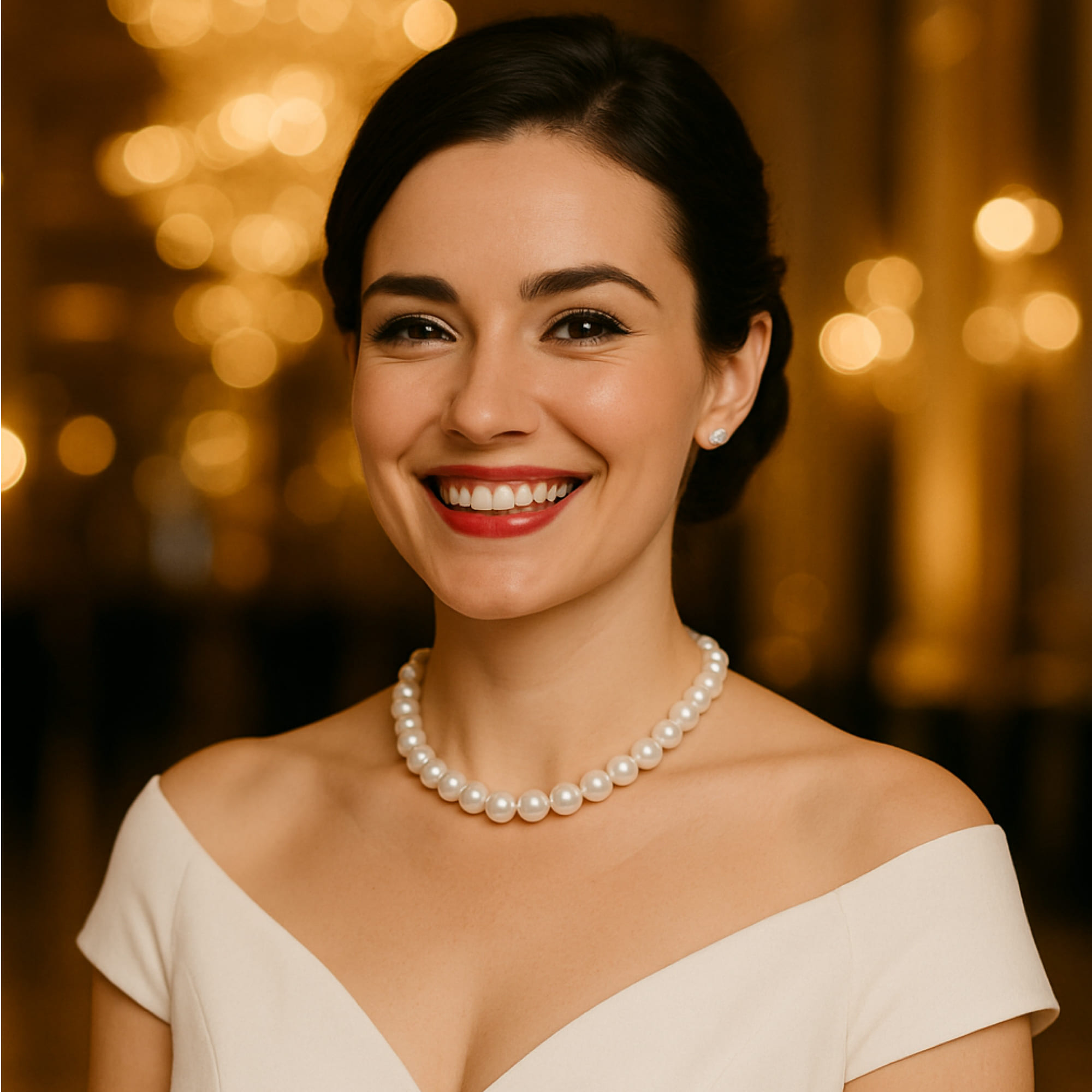 Colier cu Perle Albe 9–10 mm, la Baza Gâtului, Argint 925, Zâmbet și Detaliu Bust, Rochie Albă